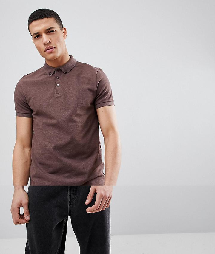 Asos Design Pique Polo With Button Down Collar In Brown - Brown