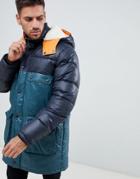 Asos Design Longline Parka Jacket With Faux Fur Trim In Color Block - Navy