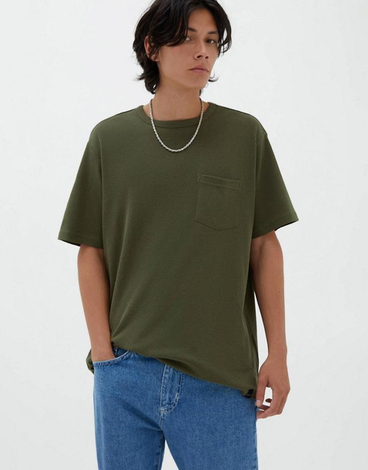 Pull & Bear Oversized Waffle T-shirt In Khaki-green
