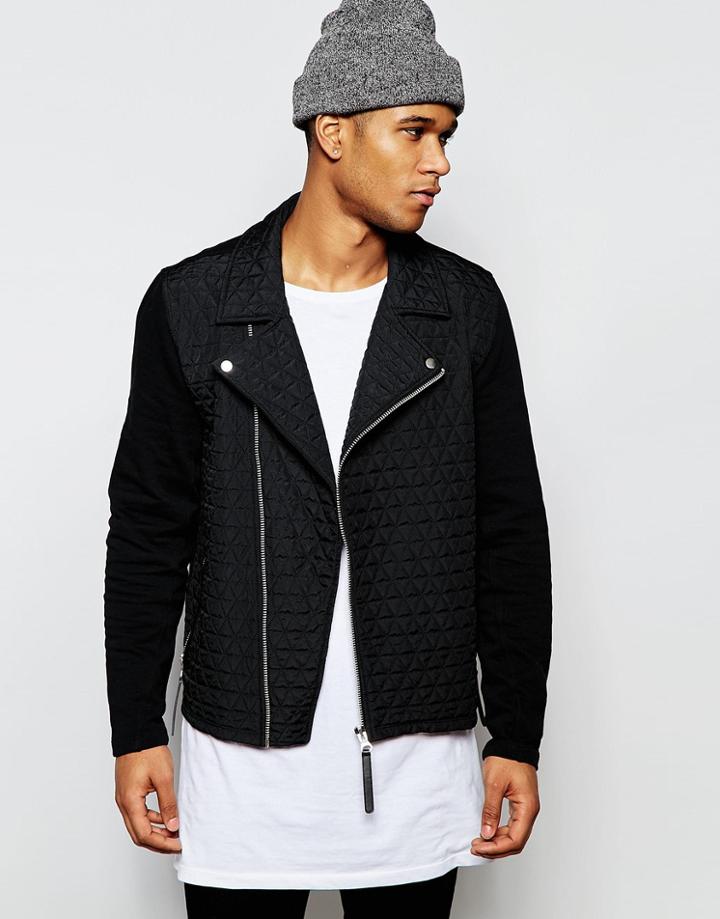Asos Quilted Jersey Biker Jacket In Black - Black