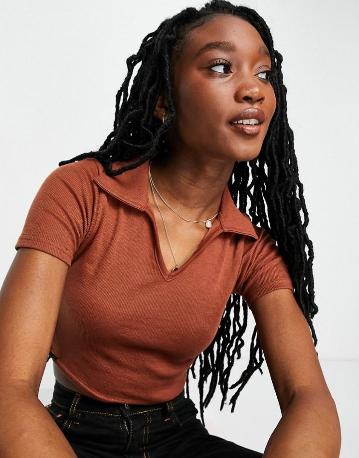 Daisy Street Crop Polo Top In Brown Rib