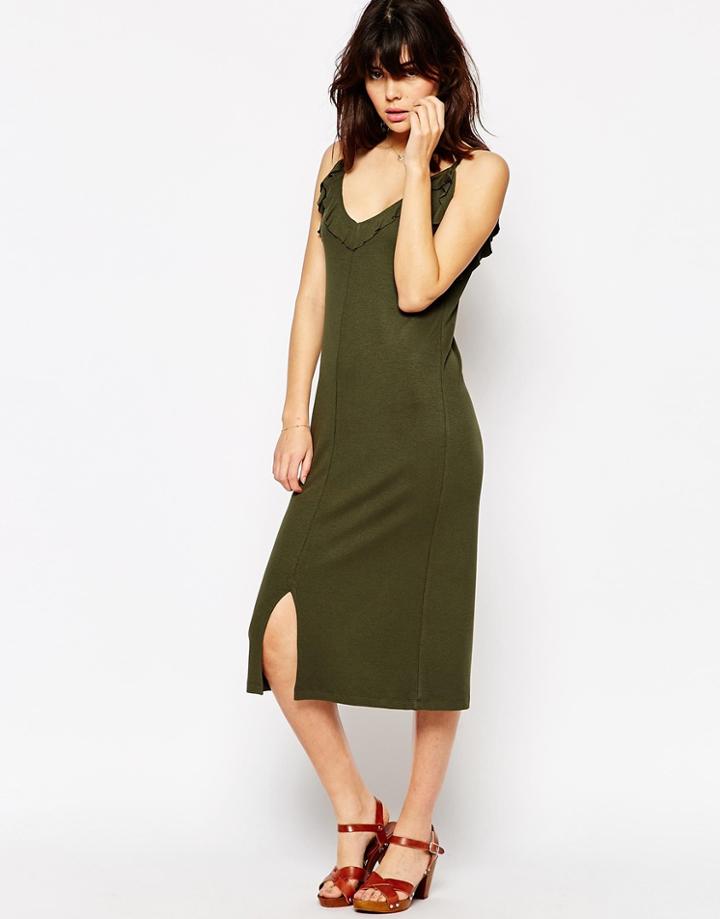 Asos Cami Dress In Rib With Frill Edge - Khaki