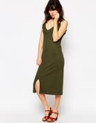 Asos Cami Dress In Rib With Frill Edge - Khaki