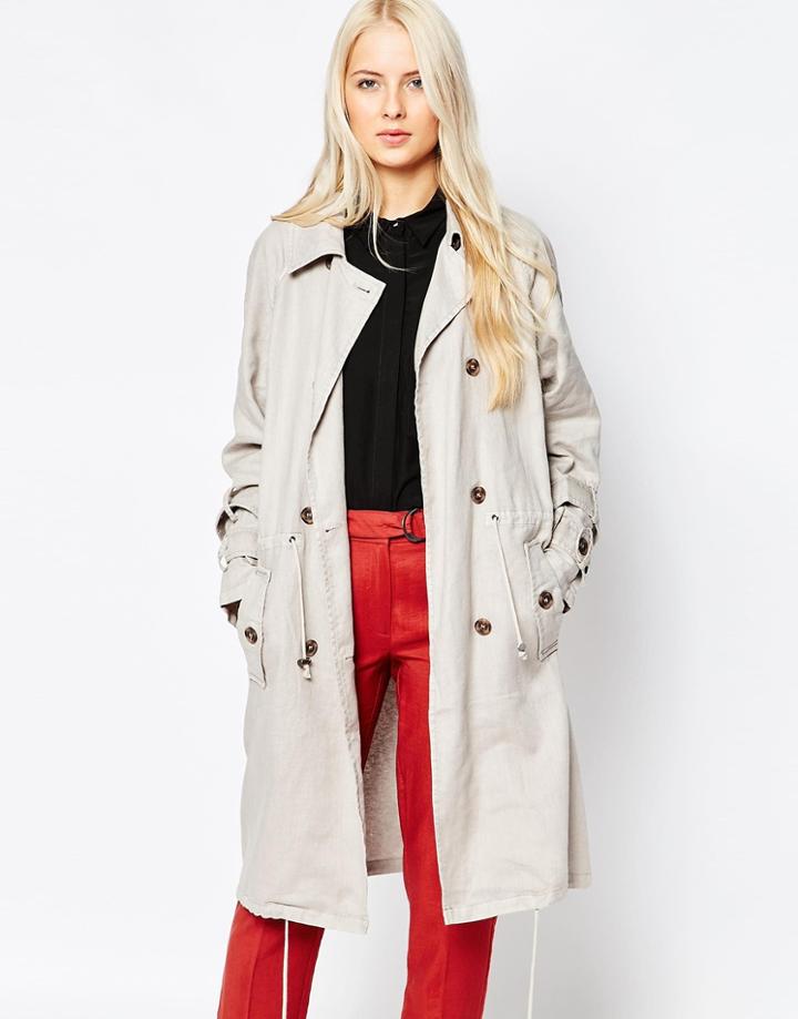 Selected Tie Waist Double Breasted Trench Coat - Cream