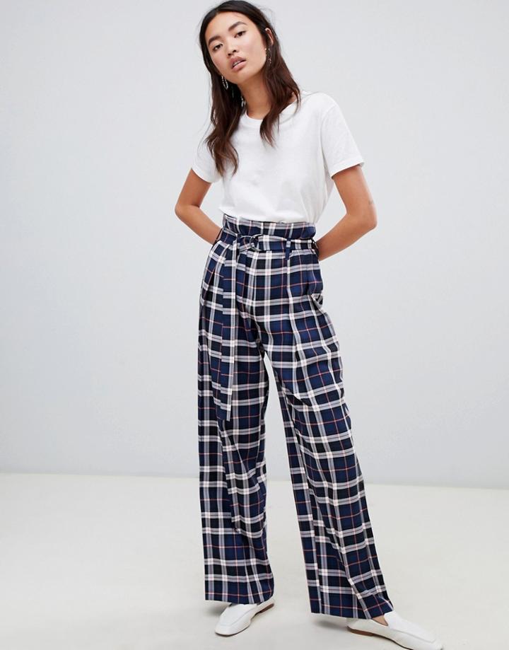 Asos Design D-ring High Waisted Check Wide Leg Pants-multi