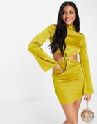 Naanaa High Neck Cut-out Satin Dress In Chartreuse Green