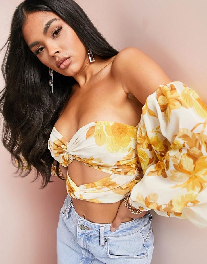 Asos Design Bardot Top With Extreme Sleeve In Yellow Floral Print-multi