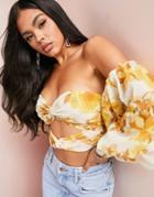 Asos Design Bardot Top With Extreme Sleeve In Yellow Floral Print-multi