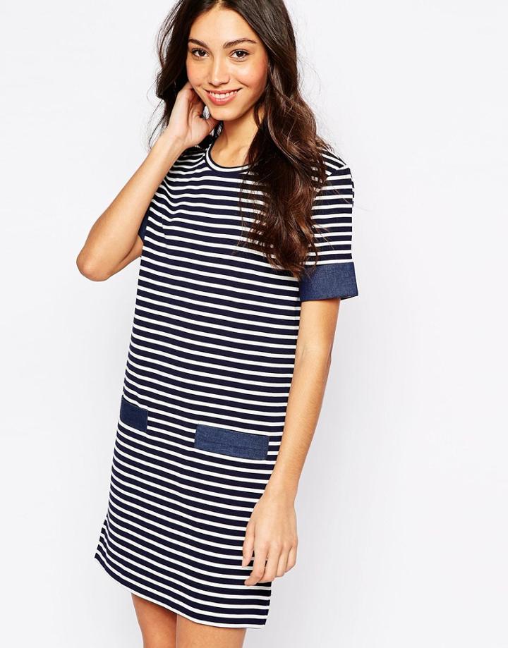 Oasis Denim Trim Striped Dress - Multi