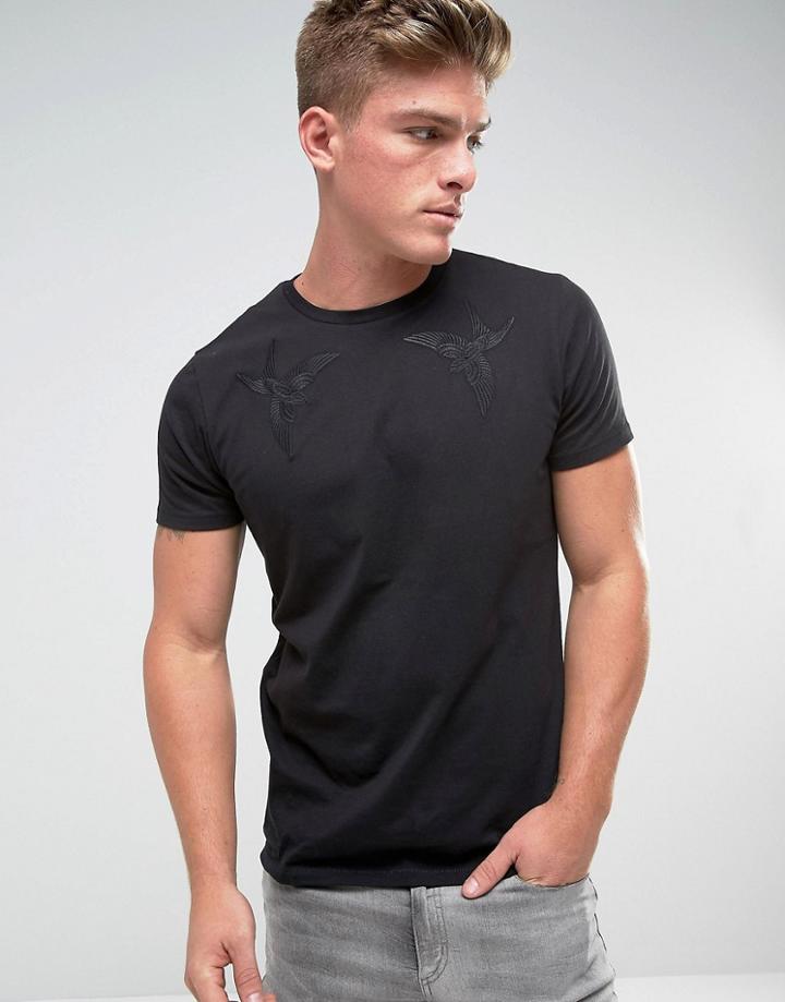 Threadbare Eagle Embroidered Shoulder T-shirt - Black