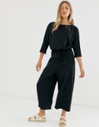 Asos Design Tie Waist Casual Jumpsuit In Jersey Slub-black