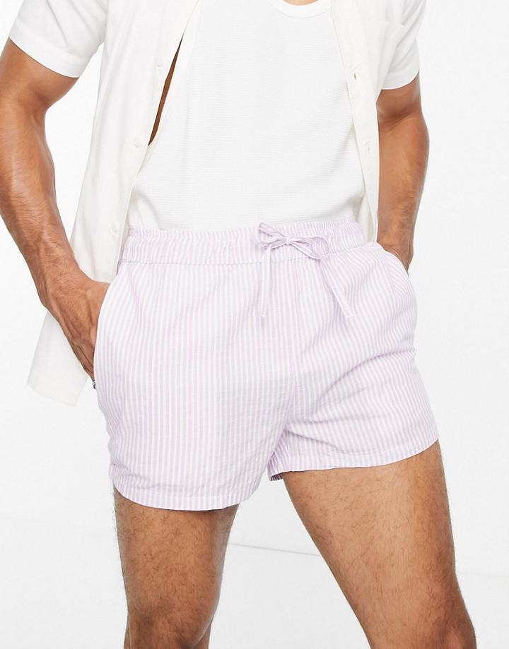Asos Design Slim Shorter Shorts In Textured Pastel Stripe-purple