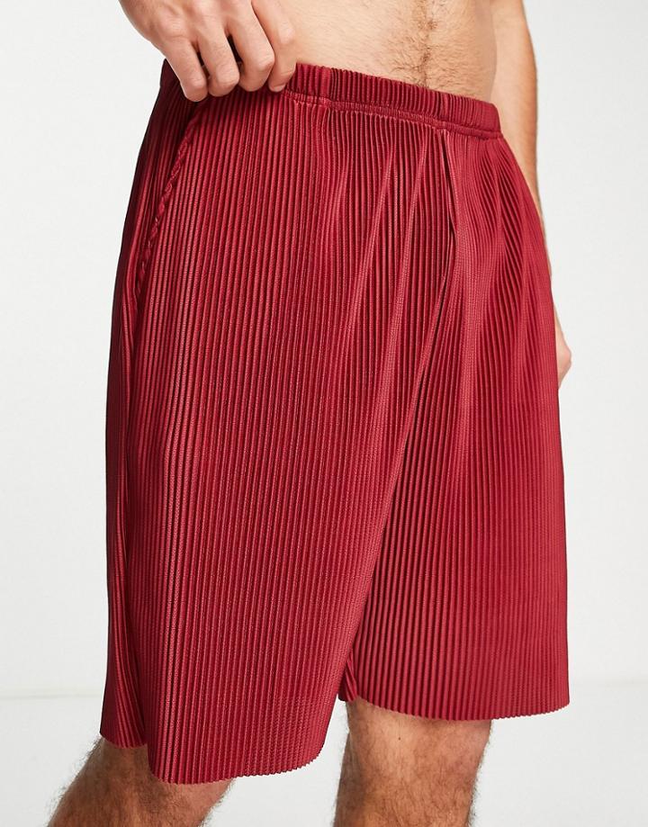 Asos Design Lounge Plisse Short In Burgundy-navy