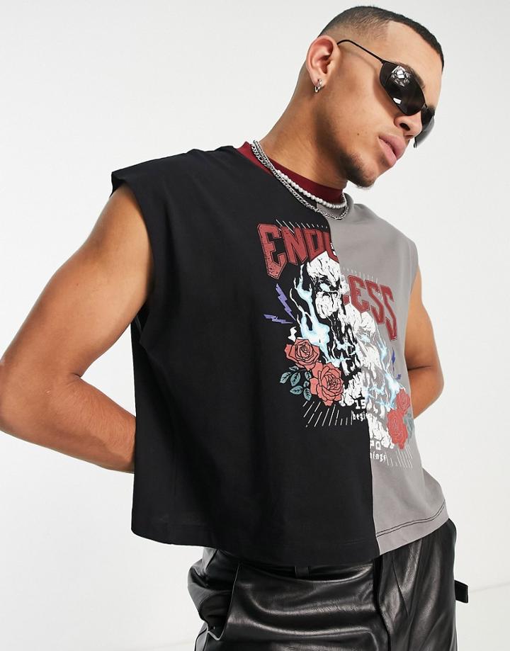 Asos Design Relaxed Cropped Tank Top In Black With Spliced Grunge Print