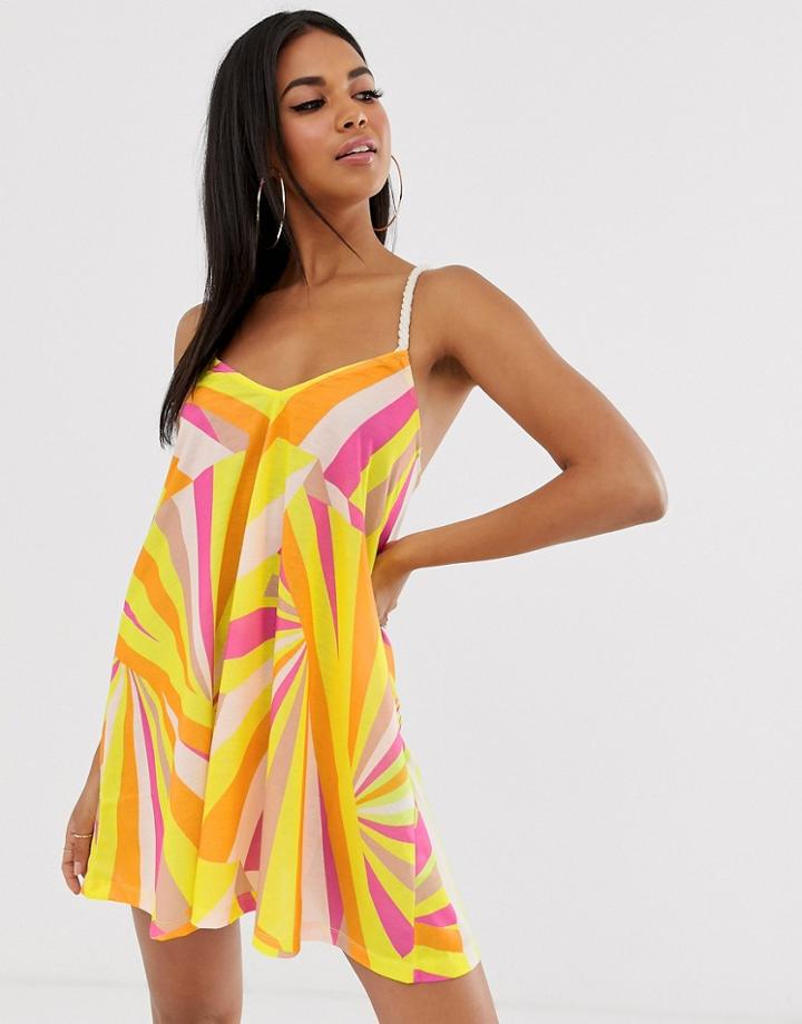 Asos Design Jersey Beach Sundress With Rope Tie In Faded Fluro Stripe Print With Natural Flash-multi