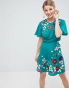 Asos Ultimate Embroidered Cut Out Mini Tea Dress - Green