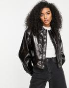 Asos Design Cracked Leather Look Chuck On Jacket In Brown