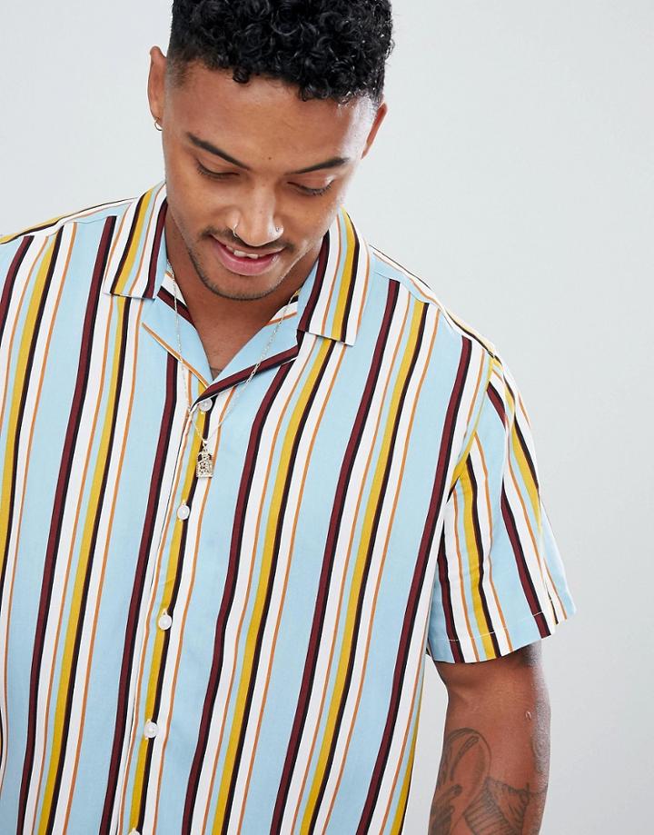 Asos Design Oversized Stripe Shirt In Light Blue With Revere Collar - Blue