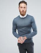 Asos Muscle Fit Merino Wool Sweater In Steel Blue - Blue