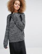 J.o.a Oversized Chunky Sweater In Space Yarn With Lace Up Detail - Gray