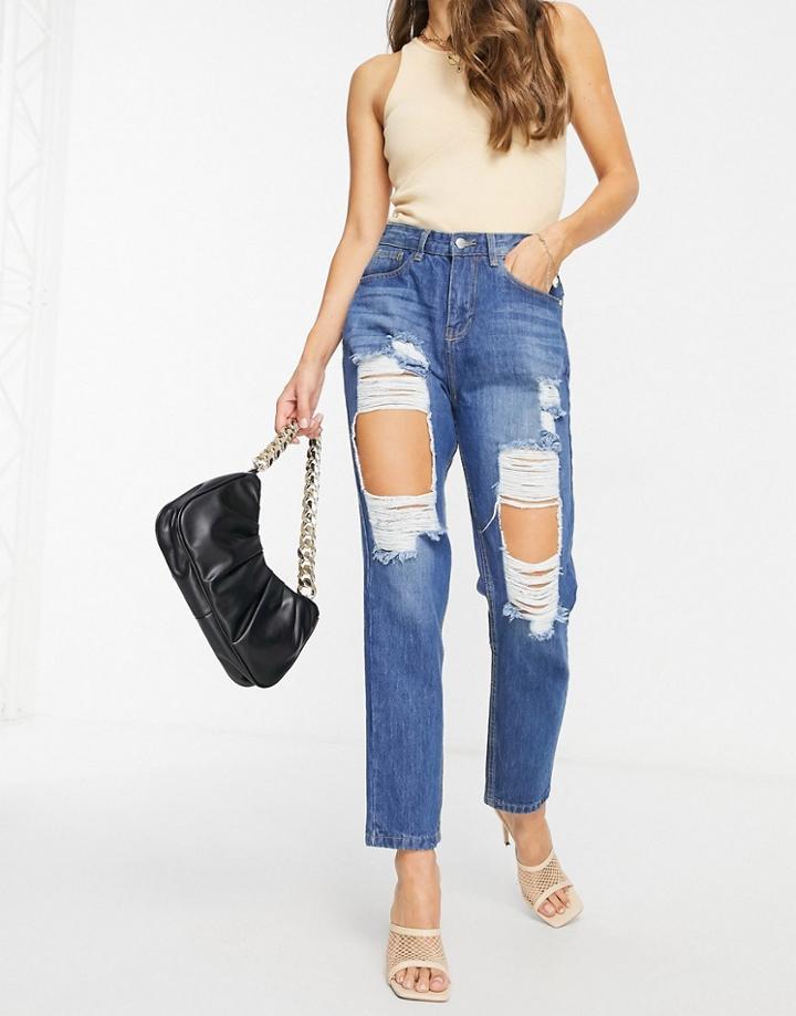 Naanaa High Waisted Extreme Rip Mom Jeans In Stonewash Blue-grey