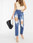 Naanaa High Waisted Extreme Rip Mom Jeans In Stonewash Blue-grey