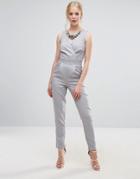 Little Mistress Embellished Neck Jumpsuit - Gray