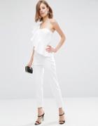 Asos Jumpsuit In Scuba With One Shoulder Ruffle - White
