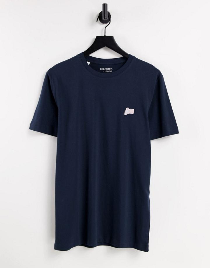 Selected Homme T-shirt With Embroidered Camera Logo In Navy In Organic Cotton