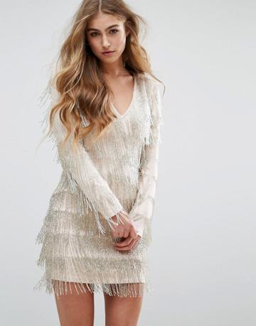 Missguided Peace + Love Embellished Fringe Mini Dress - Silver