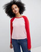 Monki Baseball Top In Red And Pink Color Block - Red