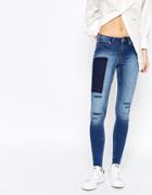 Cheap Monday Mid Spray Skinny Jeans With Distressing And Patchwork Detail - Blue