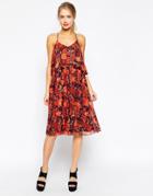 Asos Cami Swing Dress In Poppy Print With Pleated Skirt - Multi