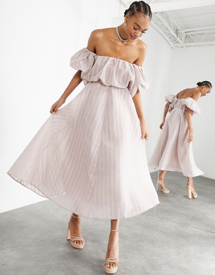 Asos Edition Puff Off Shoulder Midi Dress In Blush-pink