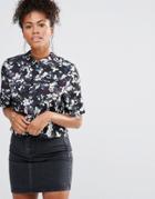 Neon Rose Floral Button Back Blouse - Black
