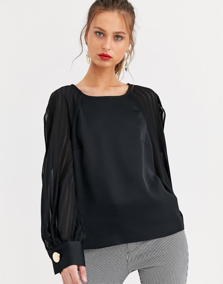 River Island Long Sleeve Blouse With Transparent Sleeves In Black