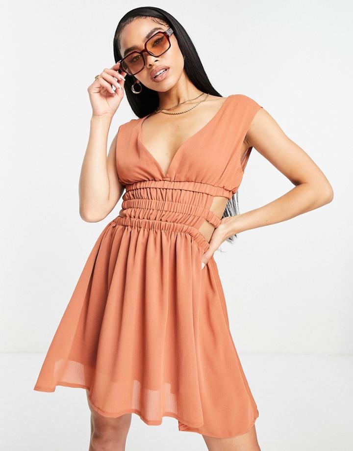 Parallel Lines Ruched Waist Cut-out Dress In Terracotta-brown