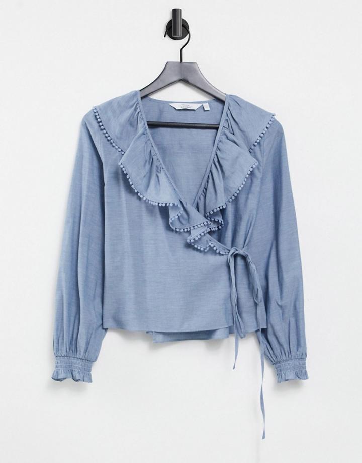 & Other Stories Organic Cotton Frill Detail Chambray Blouse In Blue-blues