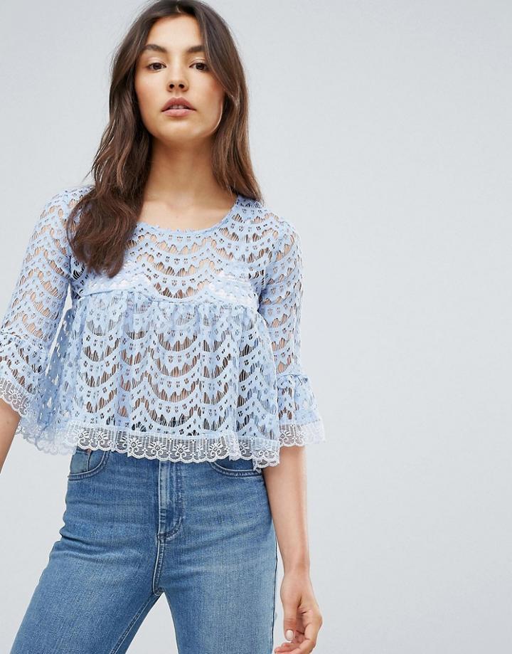 Qed London Scallop Lace A Line Top - Blue
