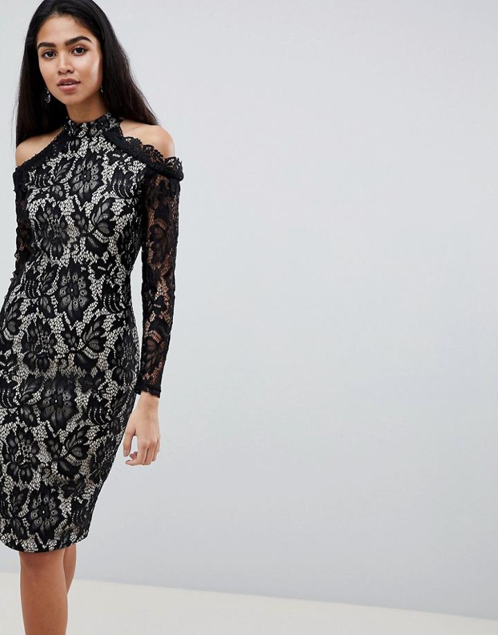 Ax Paris Long Sleeve Lace Pencil Dress With Cold Shoulder - Multi