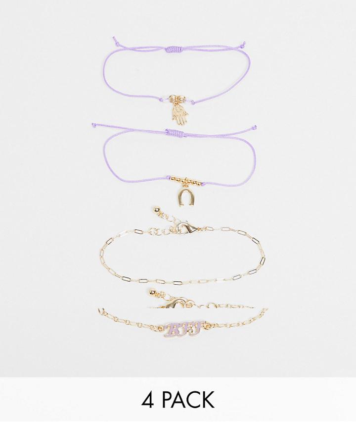 Asos Design Pack Of 4 Friendship Bracelets In Purple And Gold Tone-multi