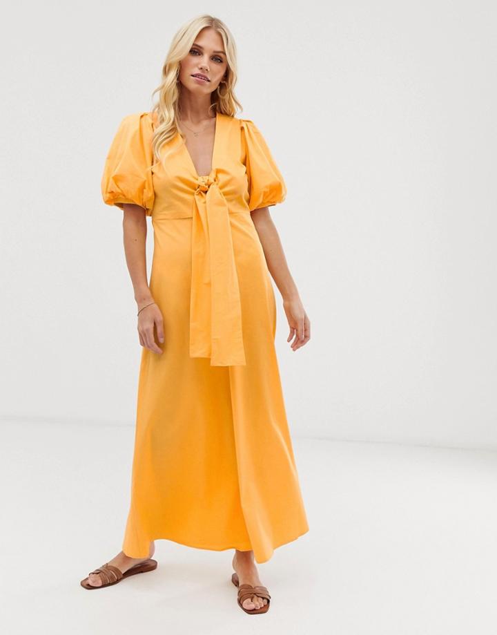 Y.a.s Cotton Volume Sleeve Tie Front Midi Dress In Marigold - Yellow