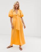 Y.a.s Cotton Volume Sleeve Tie Front Midi Dress In Marigold - Yellow
