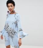 Vero Moda Tall Floral Frill Sleeve Shift Dress - Blue