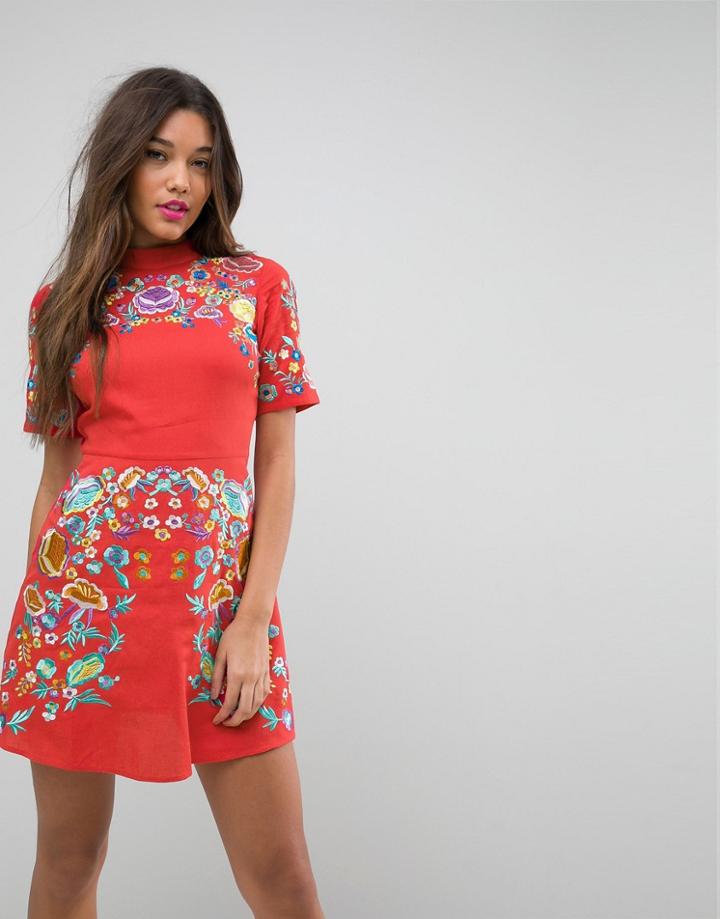 Asos Premium Mini Embroidered Dress - Orange