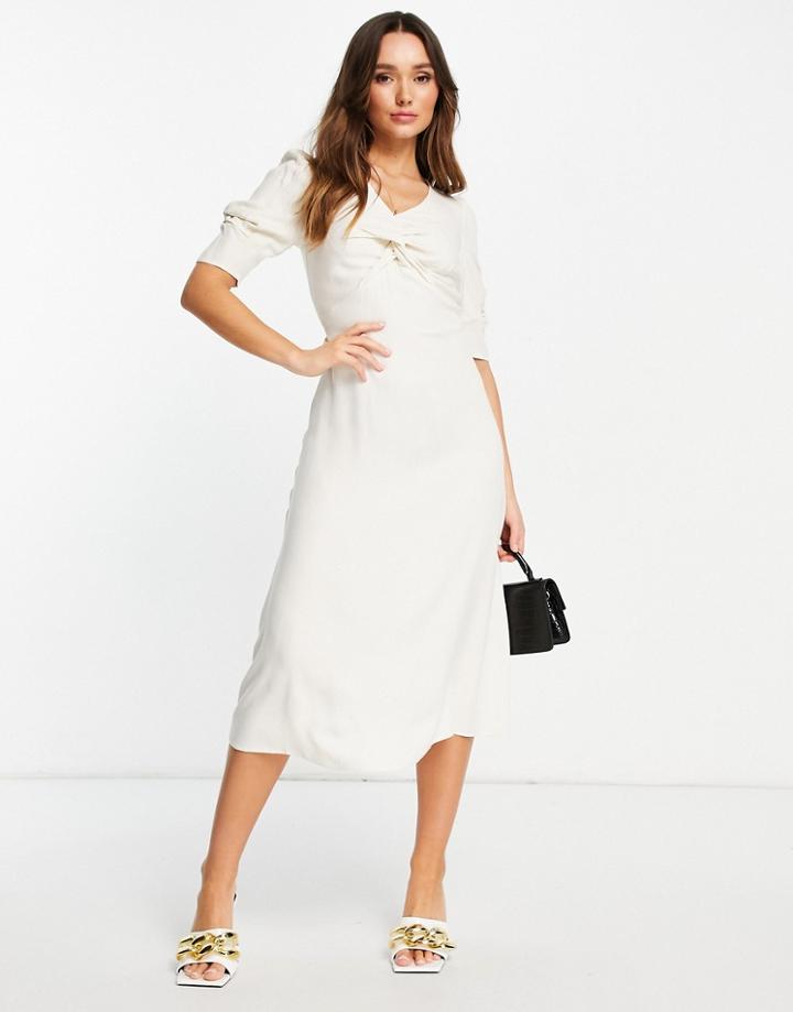Closet London Twist Front Puff Sleeve Midi Dress In Cream-white
