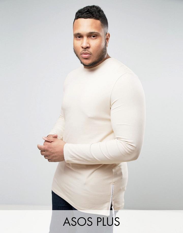 Asos Plus Longline Muscle Long Sleeve T-shirt With Side Zips - Beige