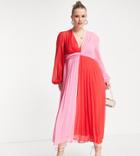 Asos Design Curve Textured Twist Front Pleated Midi Dress In Color Block-multi