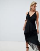Asos Design Cami Fringe Wrap Midi Dress-black