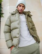 Asos Design Puffer Jacket With Detachable Hood In Khaki - Mgreen